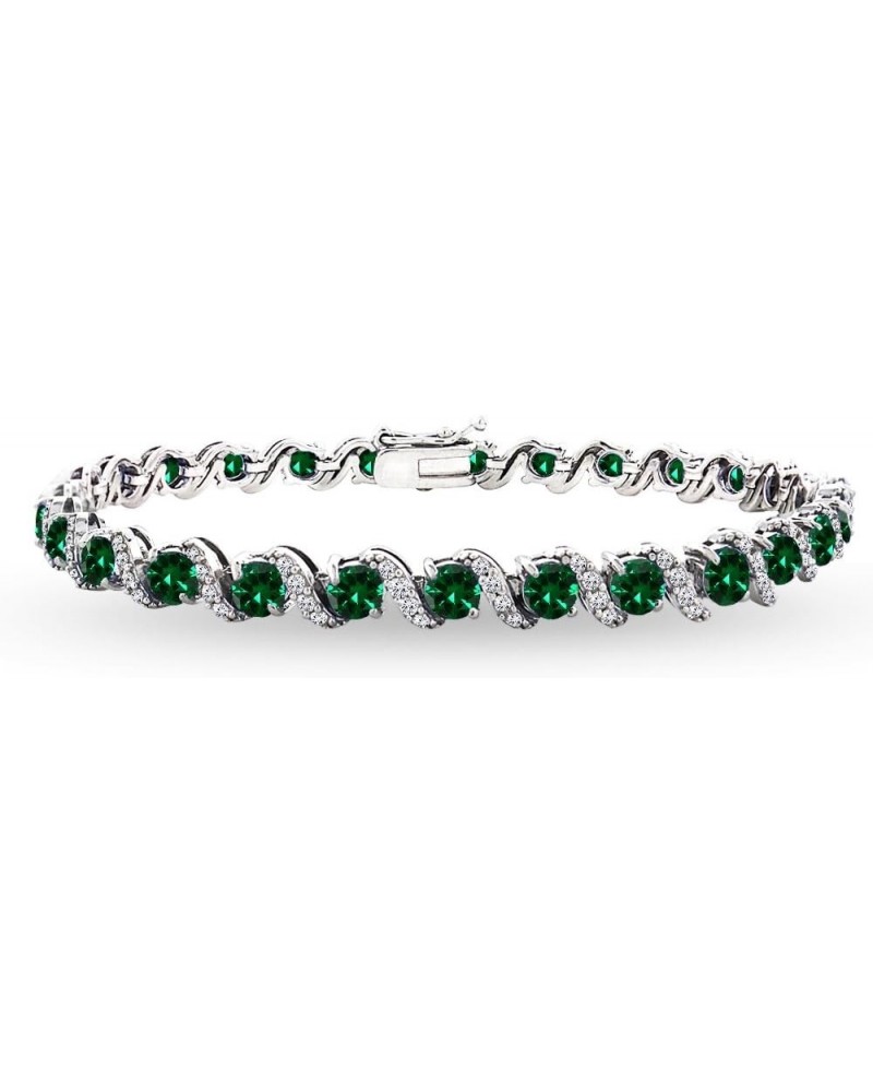 Sterling Silver Genuine, Created or Simulated Gemstone Round S Design Tennis Bracelet for Women Simulated Emerald - Sterling ...