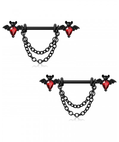 Chain Nipple Rings 14G Bat Nipple Jewelry for Women Surgical Steel 316L Black Nipple Barbell Clear Red CZ Halloween Dangle Ni...