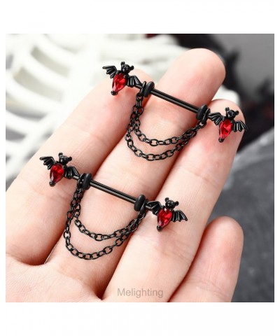 Chain Nipple Rings 14G Bat Nipple Jewelry for Women Surgical Steel 316L Black Nipple Barbell Clear Red CZ Halloween Dangle Ni...