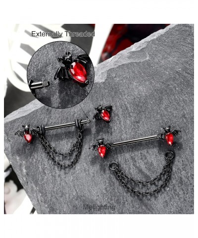 Chain Nipple Rings 14G Bat Nipple Jewelry for Women Surgical Steel 316L Black Nipple Barbell Clear Red CZ Halloween Dangle Ni...