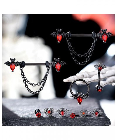 Chain Nipple Rings 14G Bat Nipple Jewelry for Women Surgical Steel 316L Black Nipple Barbell Clear Red CZ Halloween Dangle Ni...