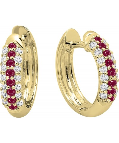 Round Gemstone & White Diamond Pave Set Hinged Post Huggies Hoop Earrings for Her in Gold 14K - Metal Stamp Yellow Gold Ruby ...