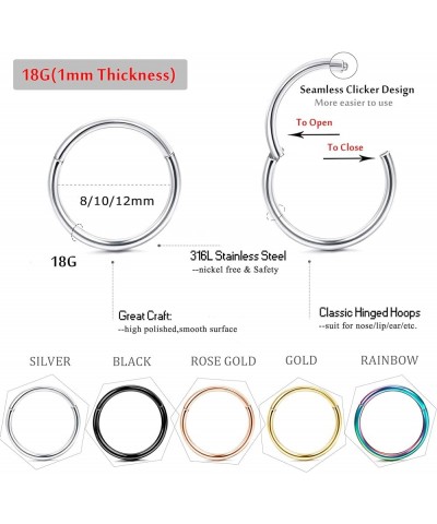 10Pcs 16G 18G Stainless Steel Hinged Clicker Segment Nose Rings Hoop Helix Cartilage Daith Tragus Sleeper Earrings 8-12MM Imp...