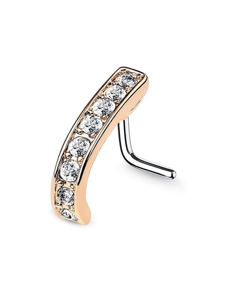 Channel Set CZ Nose Crawlers 316L Surgical Steel L Bend Nose Stud Rings 18GA, Length: 6mm, Rose Gold/Clear $9.35 Body Jewelry