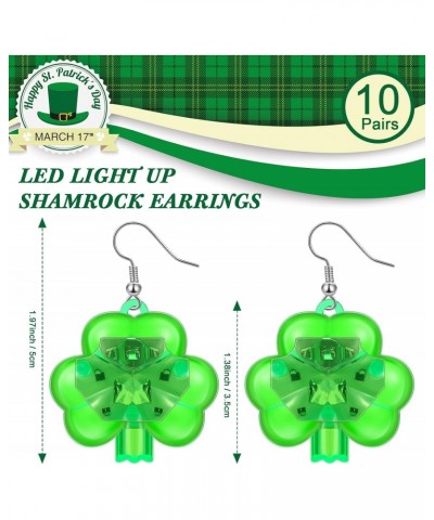 10 Pairs St Patricks Day Light Up LED Shamrock Earrings Flashing Plastic Green Irish Clover Earrings for Women Girls St Patri...