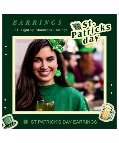 10 Pairs St Patricks Day Light Up LED Shamrock Earrings Flashing Plastic Green Irish Clover Earrings for Women Girls St Patri...