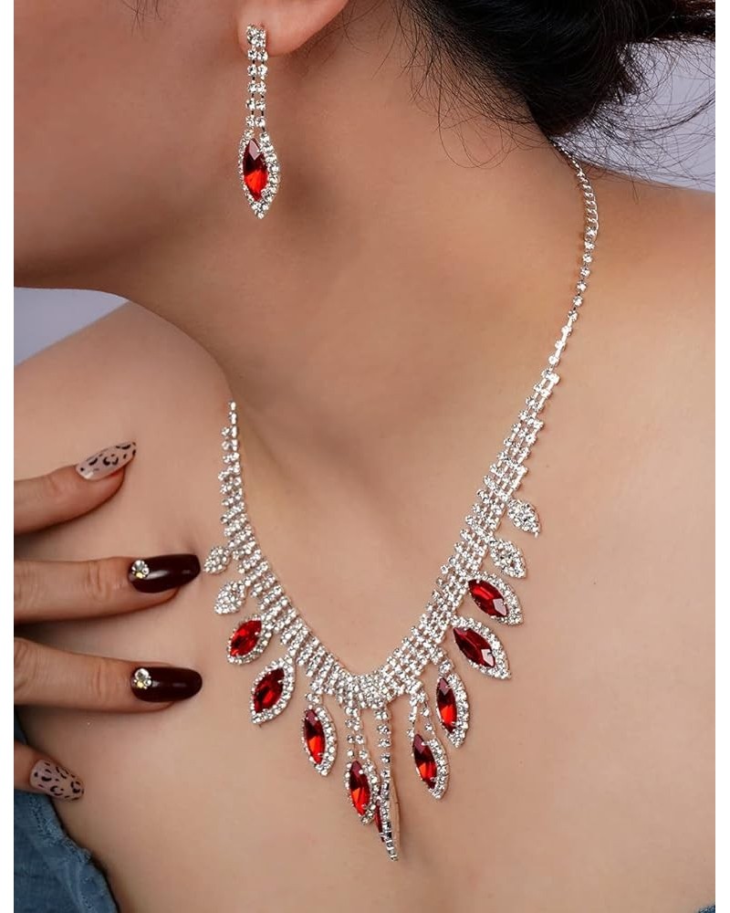 Rhinestone Bridal Necklace Earrings Set Silver Wedding Crystal Choker Necklace Prom Costume Set for Women and Girls red $9.45...