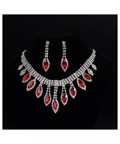 Rhinestone Bridal Necklace Earrings Set Silver Wedding Crystal Choker Necklace Prom Costume Set for Women and Girls red $9.45...