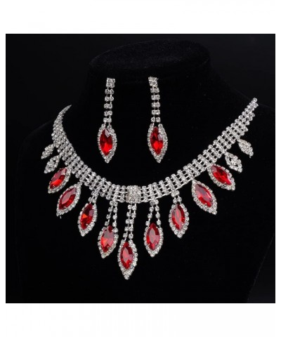 Rhinestone Bridal Necklace Earrings Set Silver Wedding Crystal Choker Necklace Prom Costume Set for Women and Girls red $9.45...