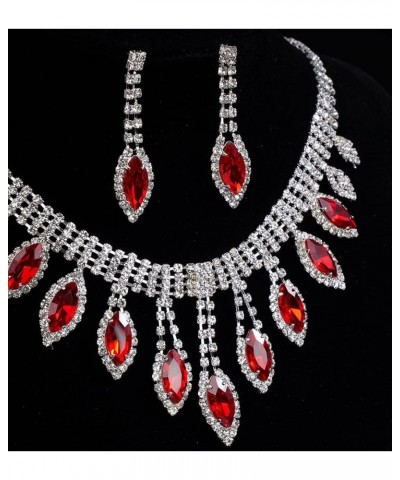 Rhinestone Bridal Necklace Earrings Set Silver Wedding Crystal Choker Necklace Prom Costume Set for Women and Girls red $9.45...