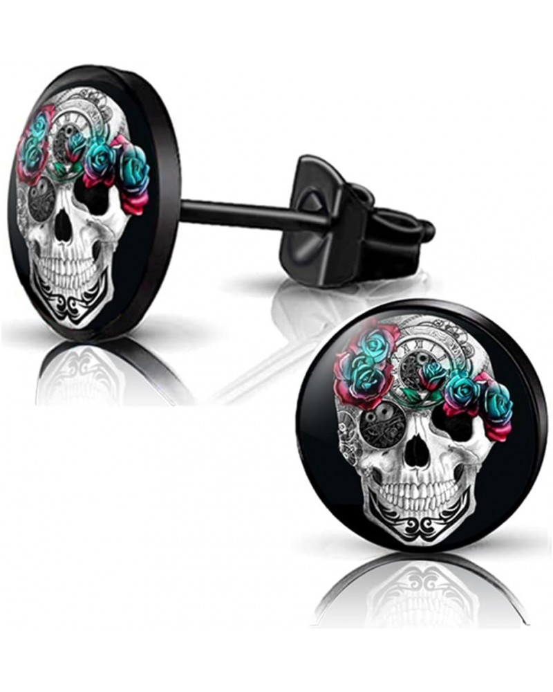 Stainless Steel Stud Earrings Black Round Skull Rock Earrings Set for Women Men 10mm Plug-2 $6.29 Earrings