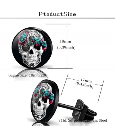 Stainless Steel Stud Earrings Black Round Skull Rock Earrings Set for Women Men 10mm Plug-2 $6.29 Earrings