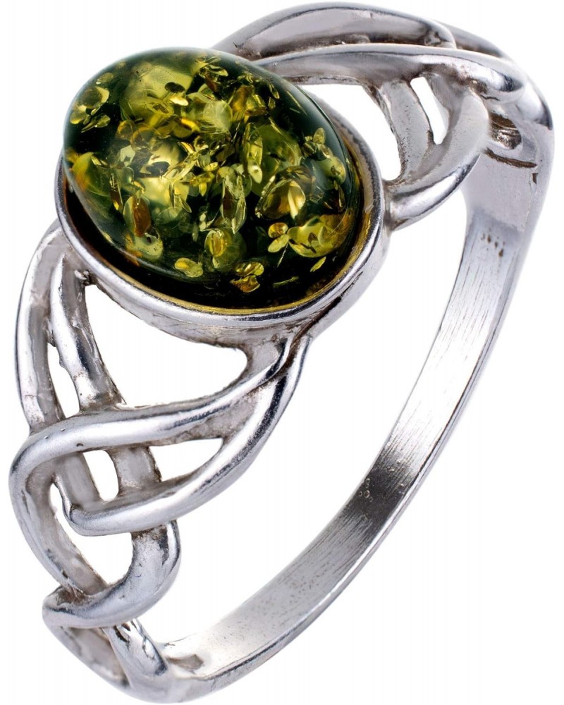 Sterling Silver and Baltic Green Amber Ring Celtic Knots $18.70 Rings