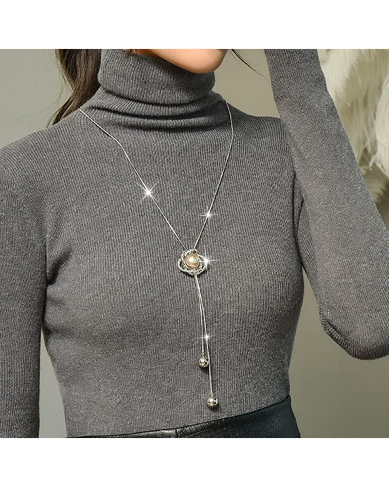 Pearl Lariat Necklace for Women Crystal Rhinestone Flower Butterfly Long Chain Drop Adjustable Necklace Sweater Chain Stateme...