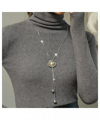 Pearl Lariat Necklace for Women Crystal Rhinestone Flower Butterfly Long Chain Drop Adjustable Necklace Sweater Chain Stateme...