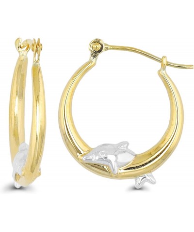 14K Yellow Gold High Polished Dolphins Hoop Earrings with Hinged Clasp | Dolphin Jewelry | Earrings For Sensitive Ears | Beau...