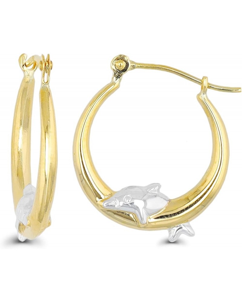 14K Yellow Gold High Polished Dolphins Hoop Earrings with Hinged Clasp | Dolphin Jewelry | Earrings For Sensitive Ears | Beau...