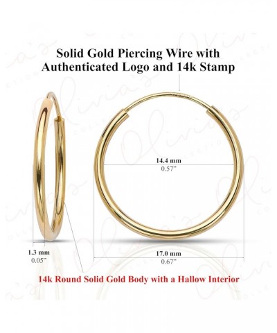 14k Yellow Gold Endless Hoop Earrings (11-40mm) 1.3mm Width, Piercing to Lobe, Upper-Lobe for a Woman, Man or Teens 17mm(0.67...