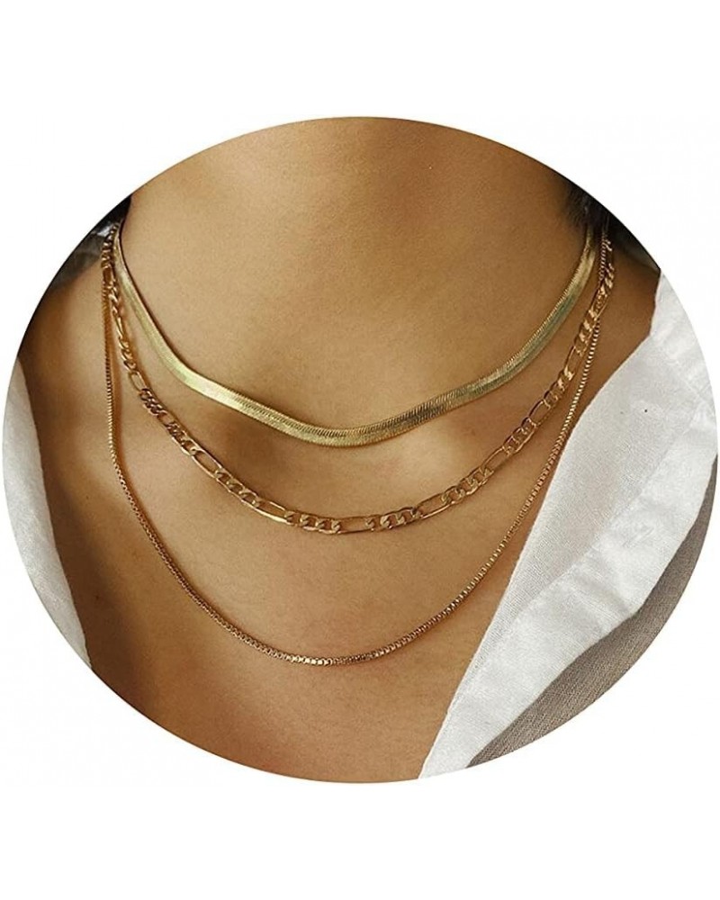 14K Gold Multi-layer Snake Chain Necklace Set Double Layer Snake Filled Herringbone Choker Necklace for Women Layering Cuban ...