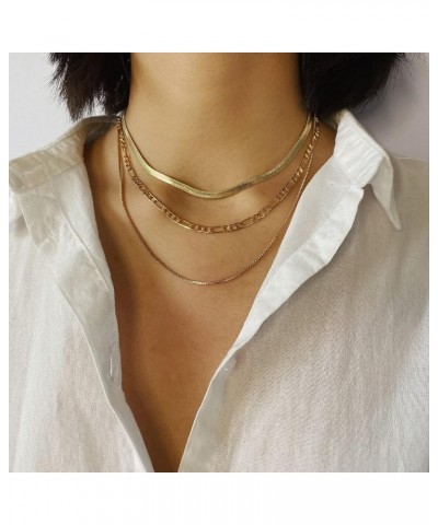 14K Gold Multi-layer Snake Chain Necklace Set Double Layer Snake Filled Herringbone Choker Necklace for Women Layering Cuban ...