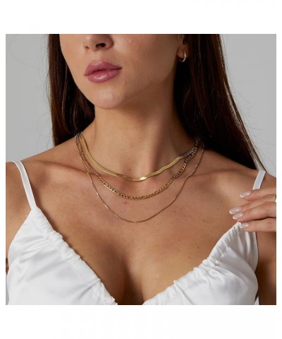 14K Gold Multi-layer Snake Chain Necklace Set Double Layer Snake Filled Herringbone Choker Necklace for Women Layering Cuban ...