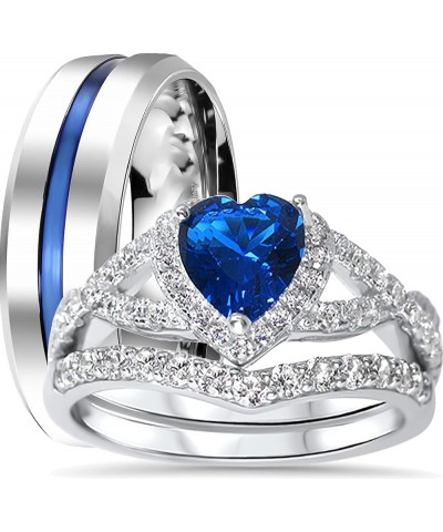 His Hers Sterling Blue Sapphire CZ Bridal Wedding Band Engagement Ring Set Him Her Thin Blue Line Her 10 - His 11 $29.25 Sets