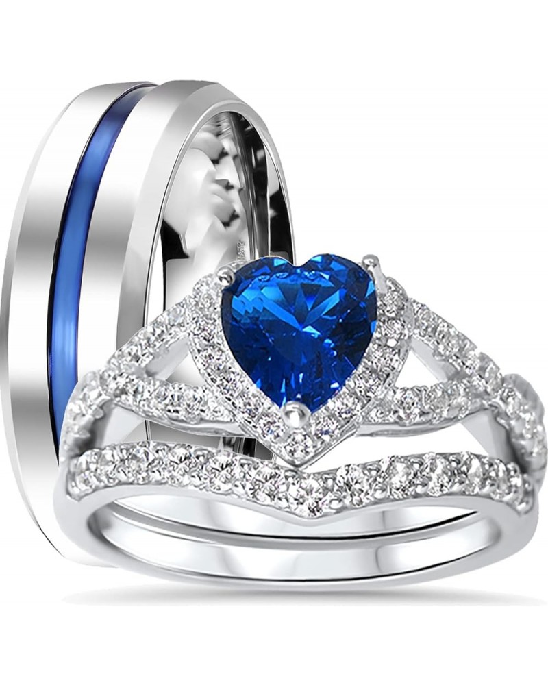 His Hers Sterling Blue Sapphire CZ Bridal Wedding Band Engagement Ring Set Him Her Thin Blue Line Her 10 - His 11 $29.25 Sets