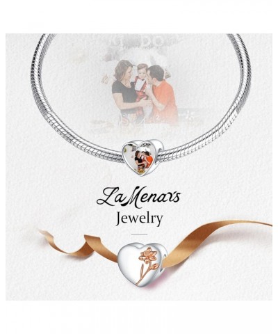 Personalized Photo Charms Heart Mom Pet Birth Flower Beads Sterling Silver Customize Picture Love Paw Print for Women Bracele...