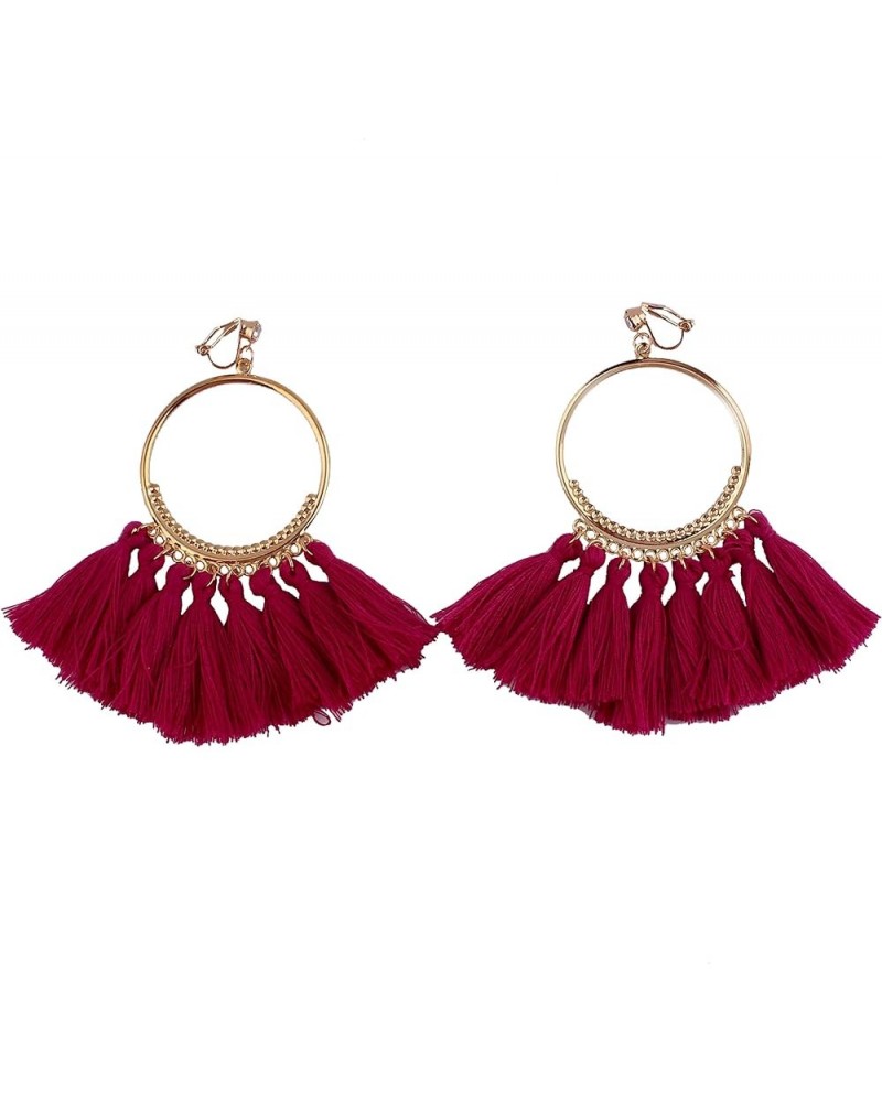 Large Cotton Fiber Tassel Bohemain Clip on Earrings No Pierced for Women Ear Clip Rose red $9.27 Earrings