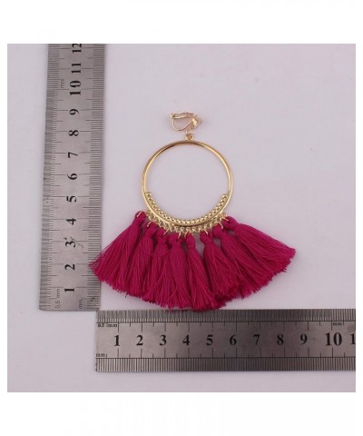 Large Cotton Fiber Tassel Bohemain Clip on Earrings No Pierced for Women Ear Clip Rose red $9.27 Earrings