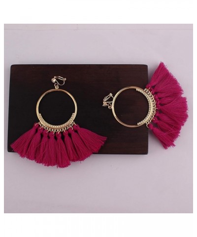 Large Cotton Fiber Tassel Bohemain Clip on Earrings No Pierced for Women Ear Clip Rose red $9.27 Earrings