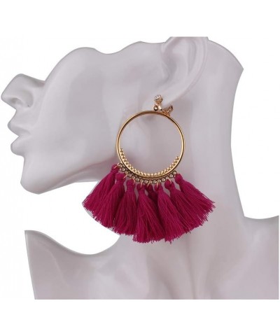 Large Cotton Fiber Tassel Bohemain Clip on Earrings No Pierced for Women Ear Clip Rose red $9.27 Earrings