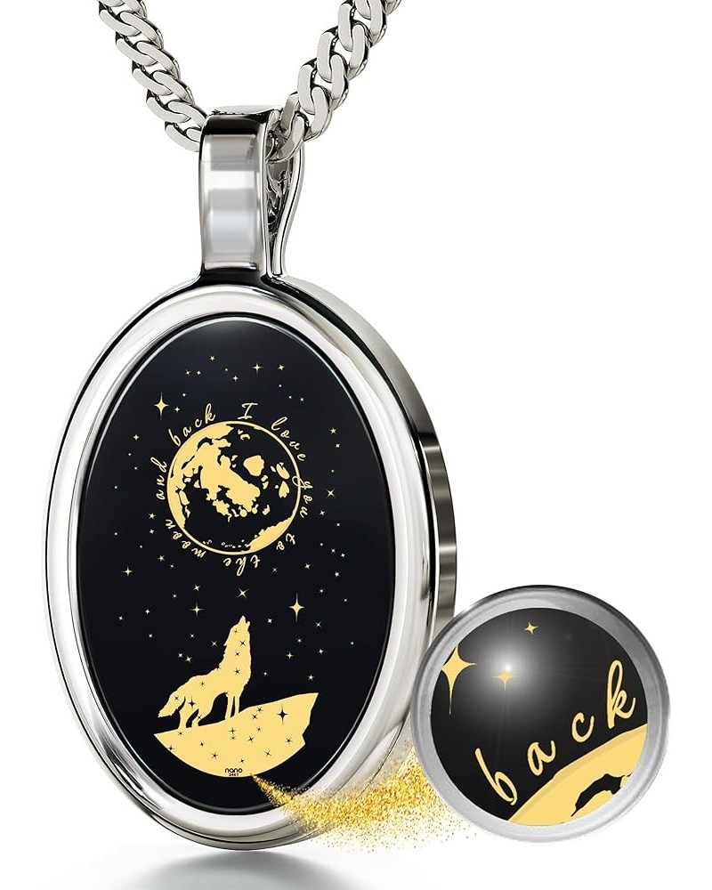 I Love You to the Moon and Back Necklace Pure Gold Inscribed with Nostalgic Howling Wolf and Stars on Onyx Gemstone Romantic ...