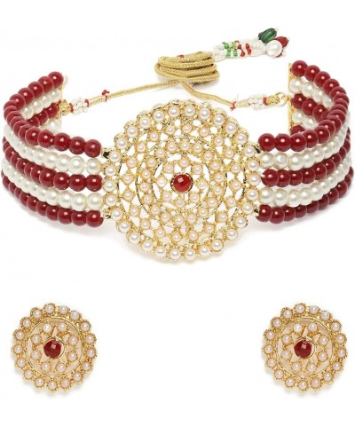 18K Gold Plated Indian Light Weight Beaded Choker Set Glided With Moti Work Maroon White $14.58 Jewelry Sets