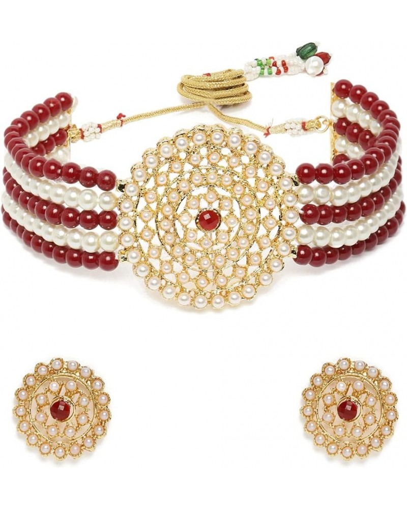 18K Gold Plated Indian Light Weight Beaded Choker Set Glided With Moti Work Maroon White $14.58 Jewelry Sets