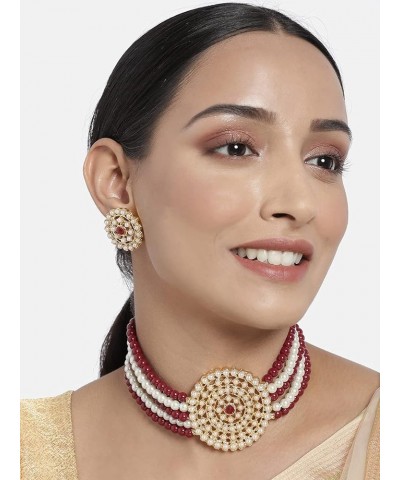 18K Gold Plated Indian Light Weight Beaded Choker Set Glided With Moti Work Maroon White $14.58 Jewelry Sets