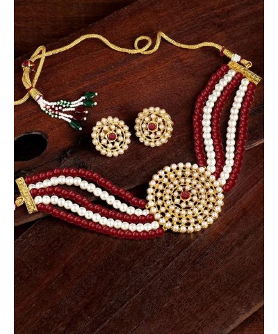 18K Gold Plated Indian Light Weight Beaded Choker Set Glided With Moti Work Maroon White $14.58 Jewelry Sets