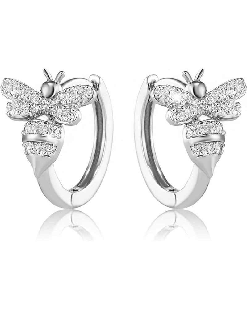 Bee Earrings for Women 18K Gold Plated Dainty Hypoallergenic Stud with Cubic Zirconia Bee- Silver Hoop $11.87 Earrings