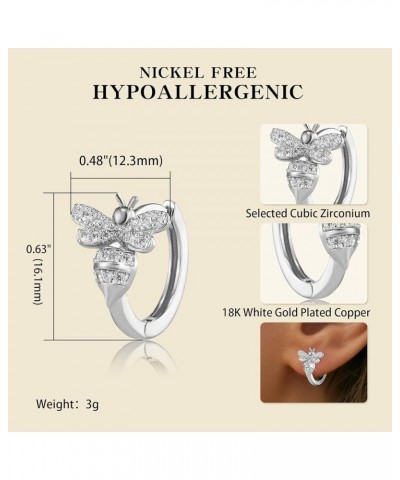 Bee Earrings for Women 18K Gold Plated Dainty Hypoallergenic Stud with Cubic Zirconia Bee- Silver Hoop $11.87 Earrings