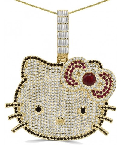 67+ Grams Big 2.75'' 14K Gold Over Baguette/Round Cut Simulated Diamond Cute Hello Kitty Head Cartoon Charm Pendant 24'' Rope...