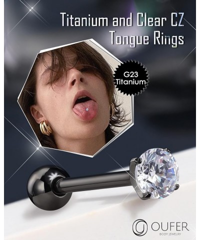 14G Tongue Rings, Shiny Clear CZ Tongue Barbells, G23 Solid Titanium Tongue Piercing Jewelry, Nickel-free Tongue Ring for Wom...