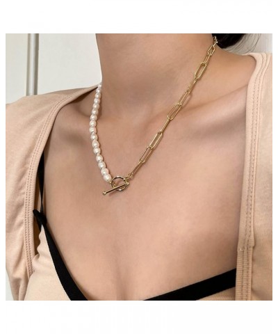 Paper Clip Pearl Necklace Vintage Chunky Link Chain Baroque Cultured Pearls 18K Gold Choker Fashion Retro Charm Valentine Jew...