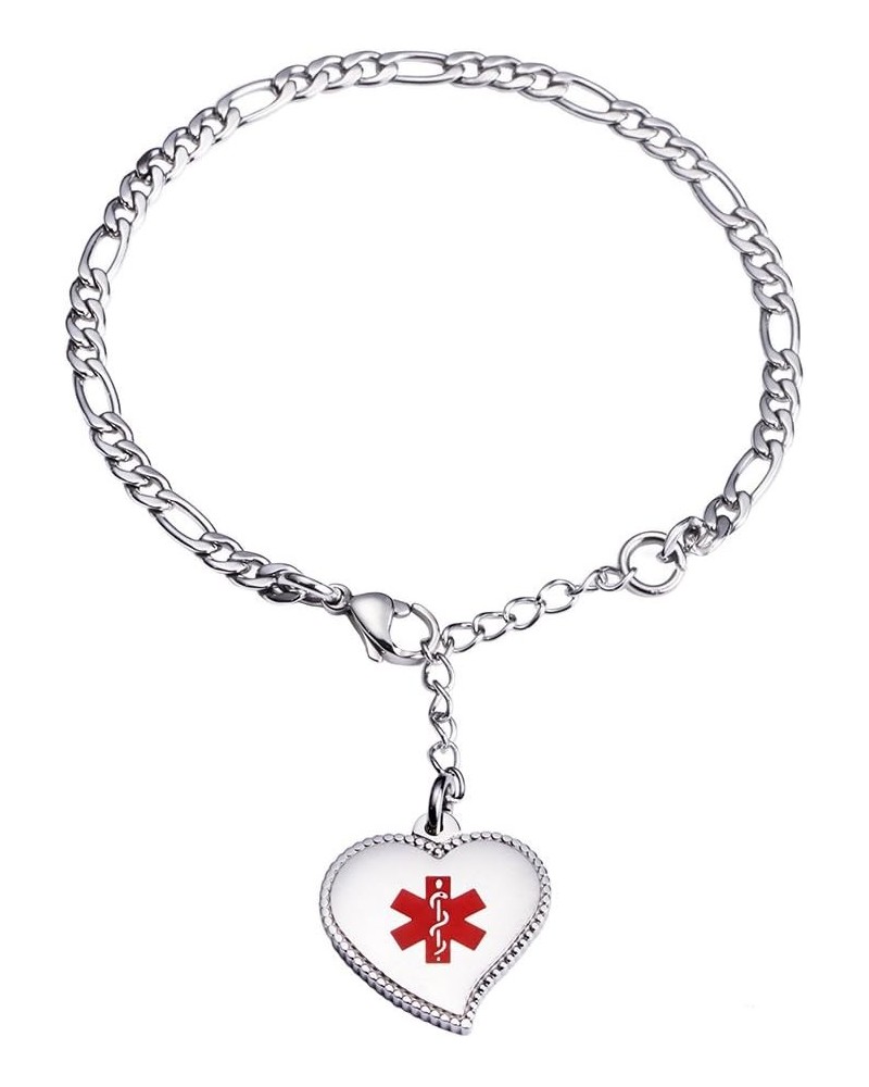 Fashion Heart medical alert id bracelet for women with Free engraving Figaro-SS-T1 $15.52 Bracelets