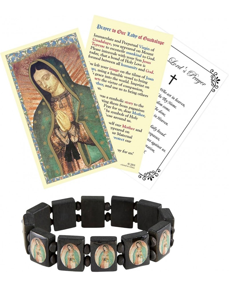 Virgin Mary Bracelet with Our Lady Of Guadalupe Prayer Card, The Lord's Prayer | Black Wood Our Lady Of Guadalupe Bracelet wi...