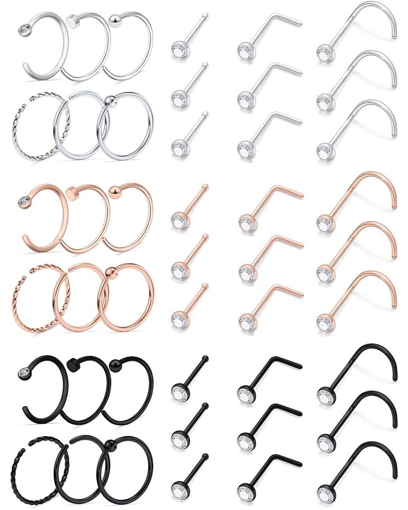 20g Nose Rings Studs Surgical Steel Nose Rings Hoop Piercing Jewelry for Women Men Set 45pcs A $9.87 Body Jewelry