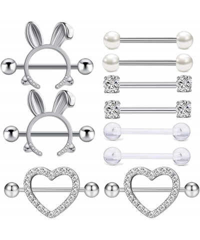 5-7 Pairs Stainless Steel Nipple Rings Tongue Ring Piercing Body Jewelry Barbell CZ Heart Shape Rings for Women Girls set3 $8...