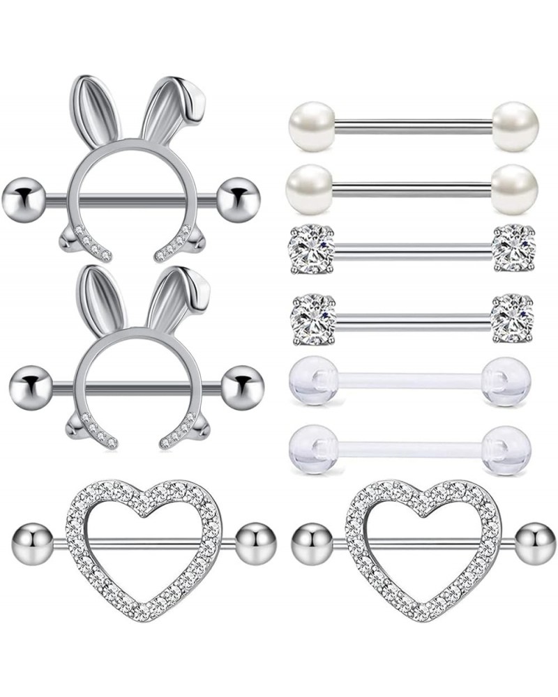 5-7 Pairs Stainless Steel Nipple Rings Tongue Ring Piercing Body Jewelry Barbell CZ Heart Shape Rings for Women Girls set3 $8...