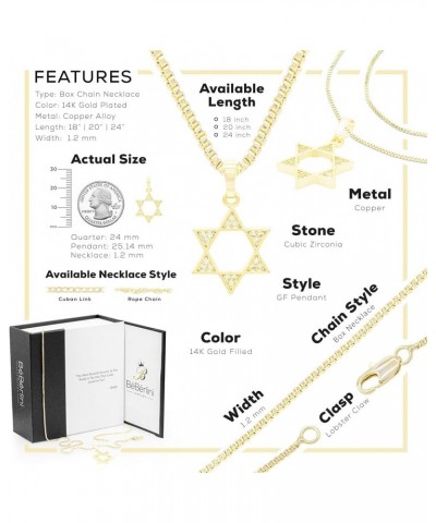 BEBERLINI Jewish Star of David Cubic Zirconia Religious Pendant 14K Gold Filled Box Rope Cuban Link Chain Necklace Set CZ Cha...