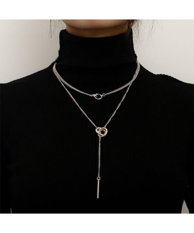 Layered Silver Necklace Choker for Women Dainty Long Bar Drop Lariat Necklace Circle Pendant Y Necklace Layering Chain Double...