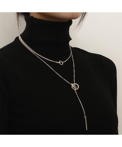 Layered Silver Necklace Choker for Women Dainty Long Bar Drop Lariat Necklace Circle Pendant Y Necklace Layering Chain Double...